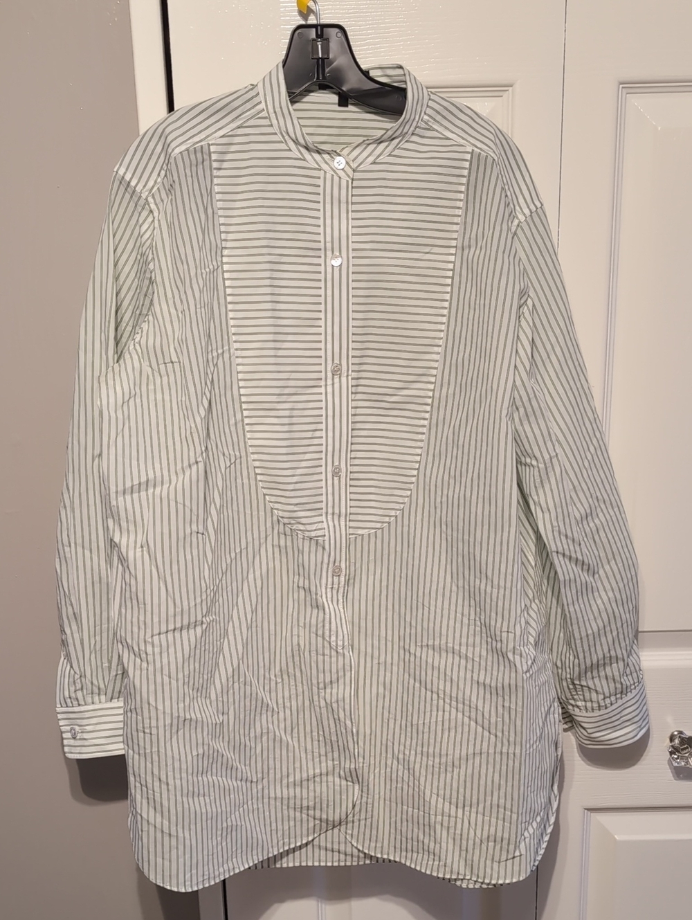 Theory Women's Striped Band-Collar Oversized Blouse - White & Green